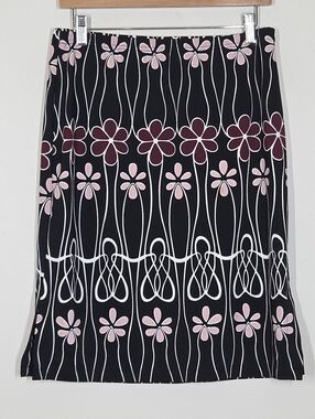 Vtg Y2K Black Floral Knee Length Skirt Side Slits Fairy Grunge Festival Medium